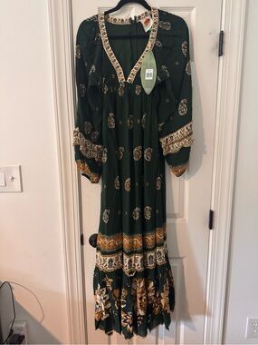 Farm Rio NWT Bohemian Green Paisley Maxi Dress with Floral Border